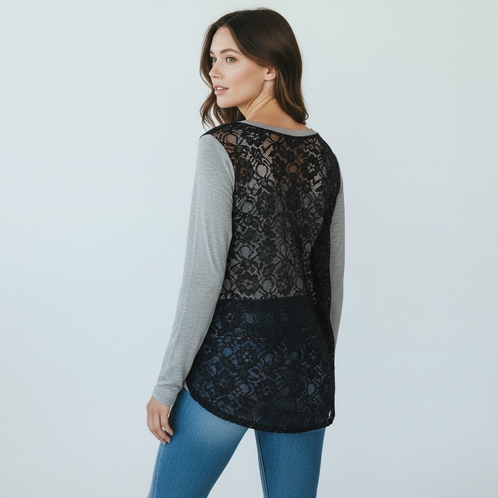 Apt. 9 XL‎ Whimsigoth Witchy Y2K Dark Romantic Gray Top w/ Black Lace Detail